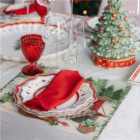 Christmas Placemats Set of 6, Cotton Burlap Red Truck Table Mats, 12x16 inch - Picture 4 of 7